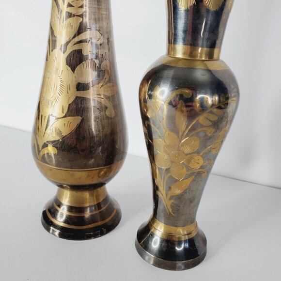 Vintage Art Deco Brass Metal Fluted Footed Vase Black Patina Etched Floral - Picture 4 of 11